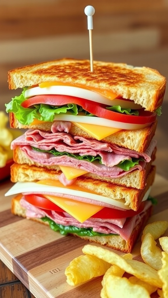 Triple decker 3-in-1 sandwich with turkey, ham, roast beef, cheese, lettuce, and tomato on a wooden board.
